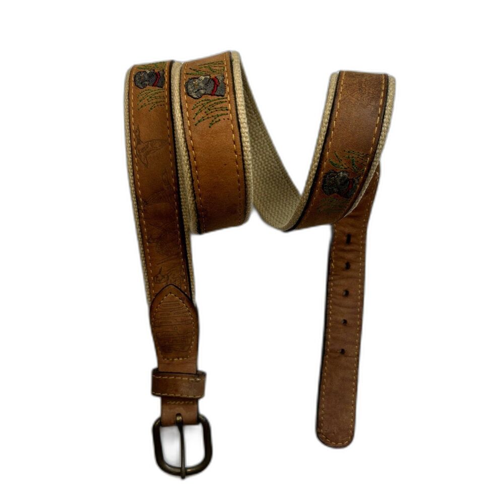 Zep Pro Men's 38 Nubuck Leather Canvas Belt Fishing Embroidered Hunting Dog